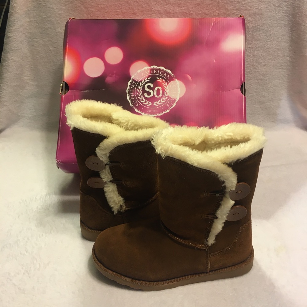 SO Fireside Boots Kids Size‎ 6 Chestnut Brown Excellent Faux Fur Lined Button